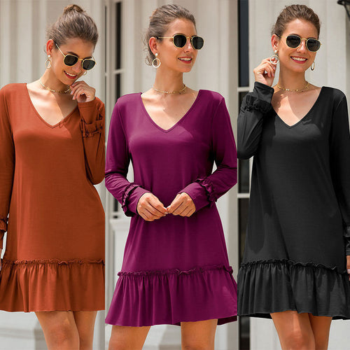 Damen Minikleid mit V-Ausschnitt und Rüschenärmel Drune