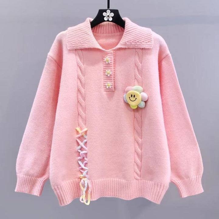 Damen Modischer Pullover mit Blumenapplikationen und Kabelmuster Drune