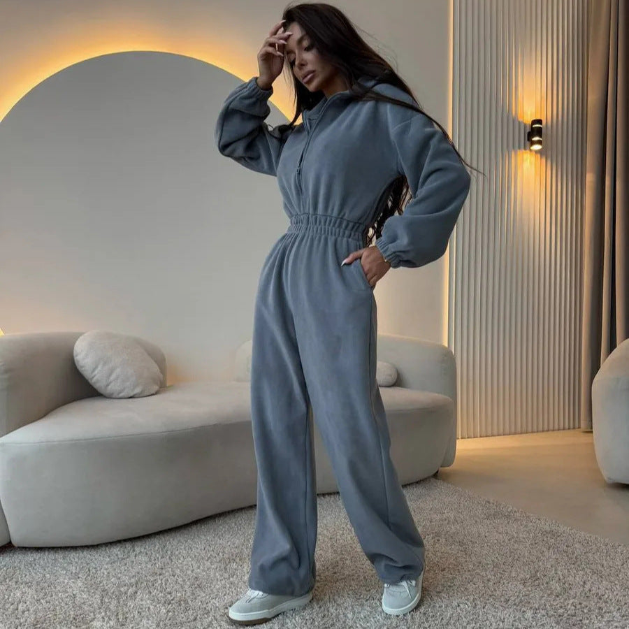 Damen Oversized Loungewear-Jumpsuit mit halbem Reißverschluss und elastischer Taillenraffung Drune