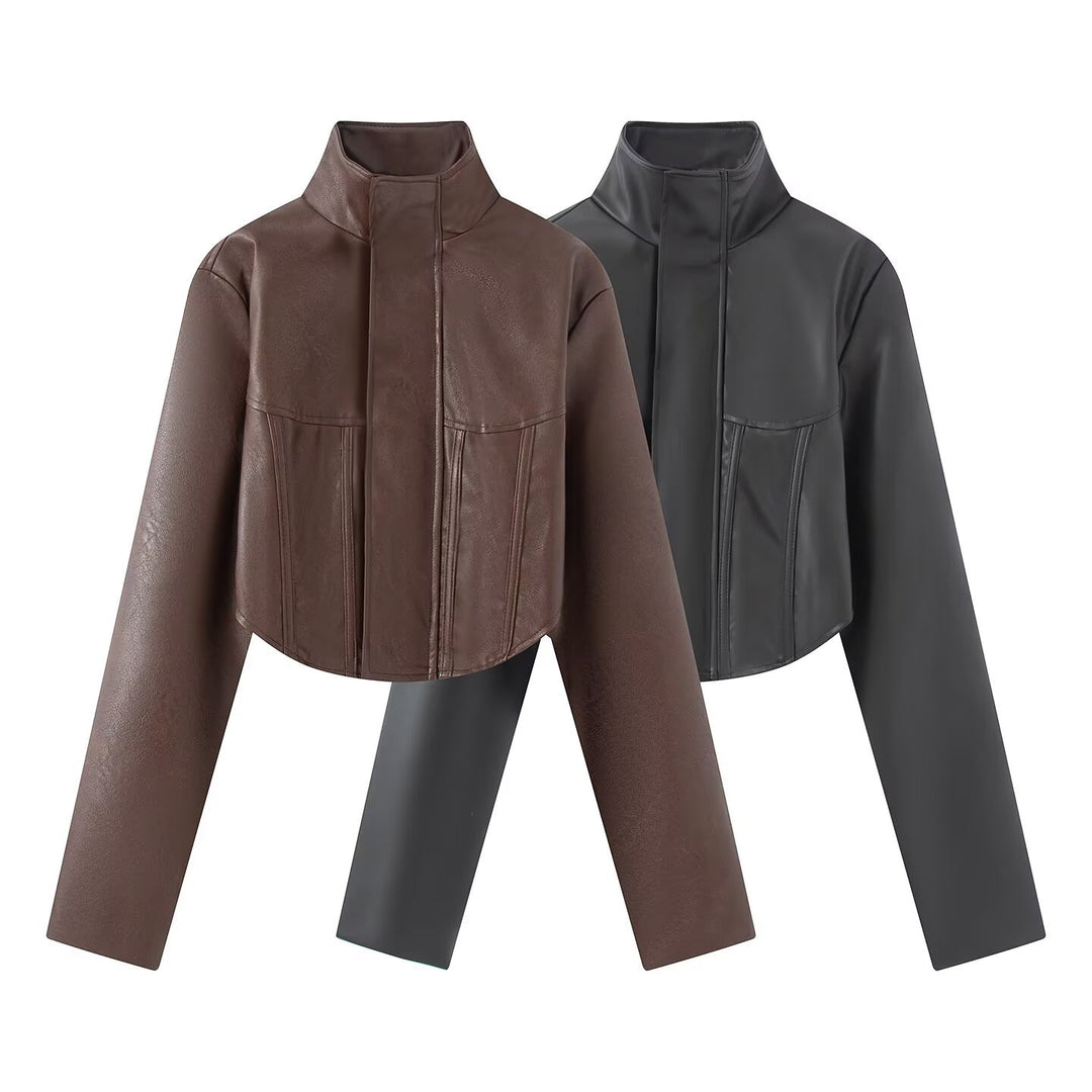 Damen Cropped Lederoptik‑Jacke mit taillierter Korsett‑Teilung und Stehkragen Drune