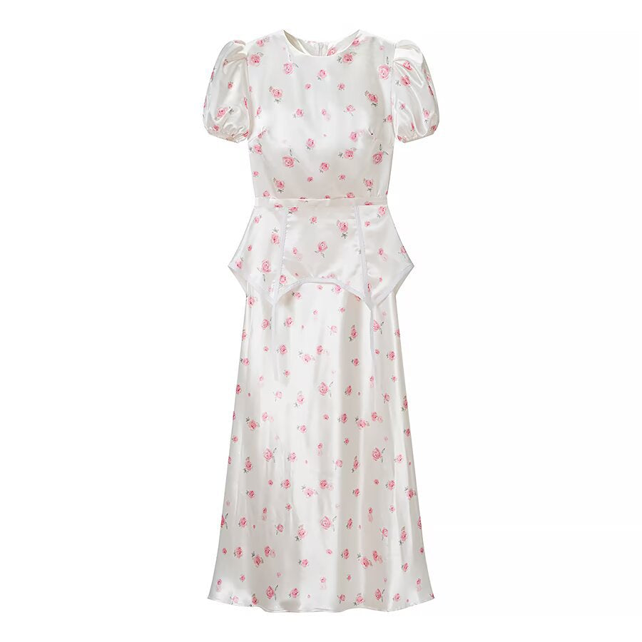 Damen Midikleid aus Satin mit Puffärmeln, integrierter Korsagen-Peplum und zartem Blumenprint Drune