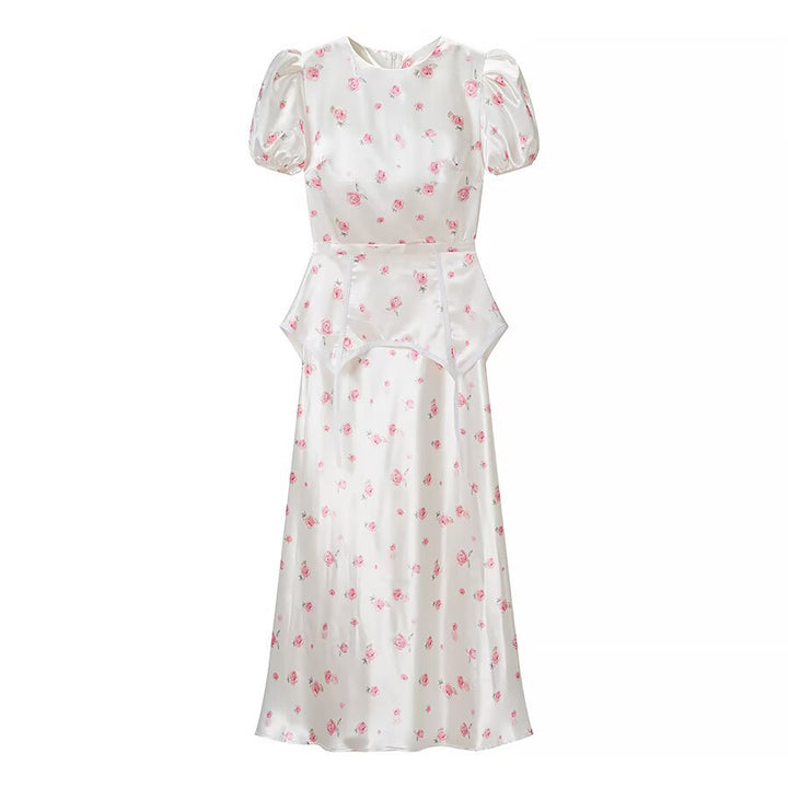 Damen Midikleid aus Satin mit Puffärmeln, integrierter Korsagen-Peplum und zartem Blumenprint Drune