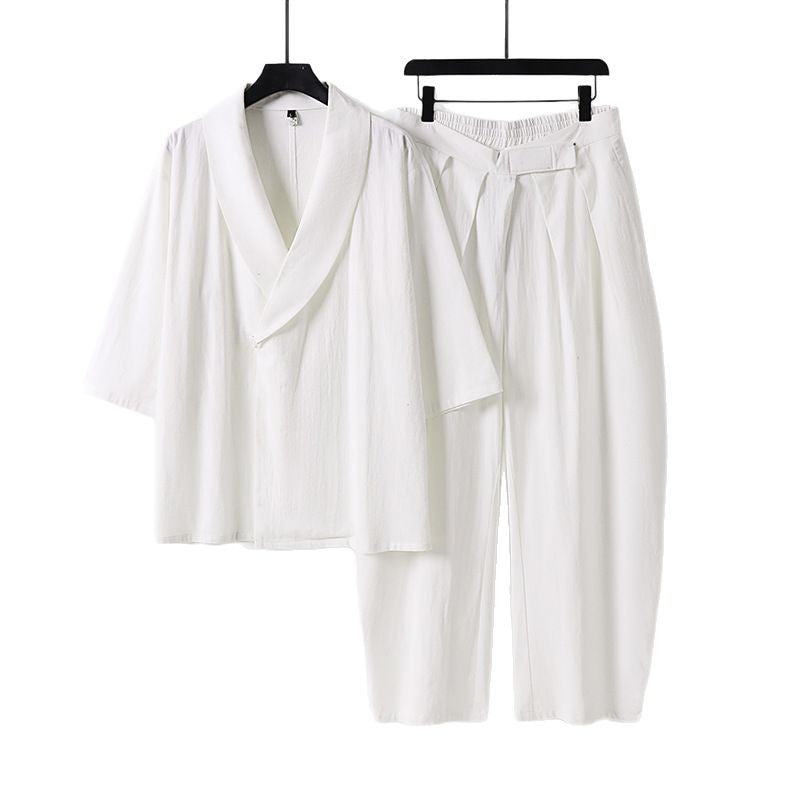 Damen Zweiteiliges Kimono-Loungewear-Set mit Schalkragen Kurzarm-Oberteil und hochtaillierter Plissee-Hose Drune