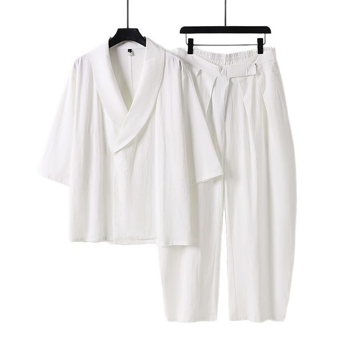 Damen Zweiteiliges Kimono-Loungewear-Set mit Schalkragen Kurzarm-Oberteil und hochtaillierter Plissee-Hose Drune