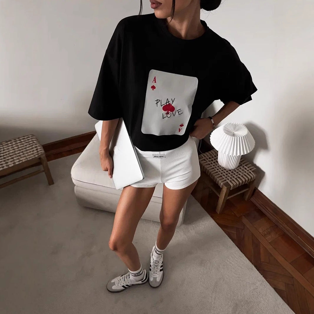 Damen Lässiges T-Shirt mit kreativem Kartenmotiv Drune