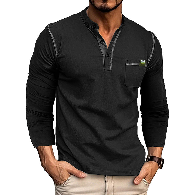 Herren Langarm-T-Shirt mit modernem Kragen und Brusttasche Drune
