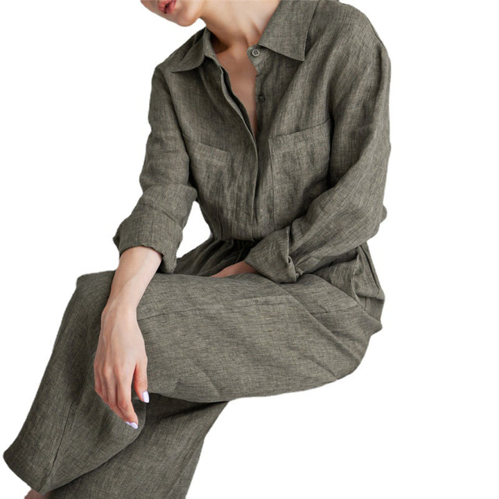 Damen Langer Leinen‑Einteiler mit Hemdkragen, Kordeltaillenbund und weitem Bein Drune