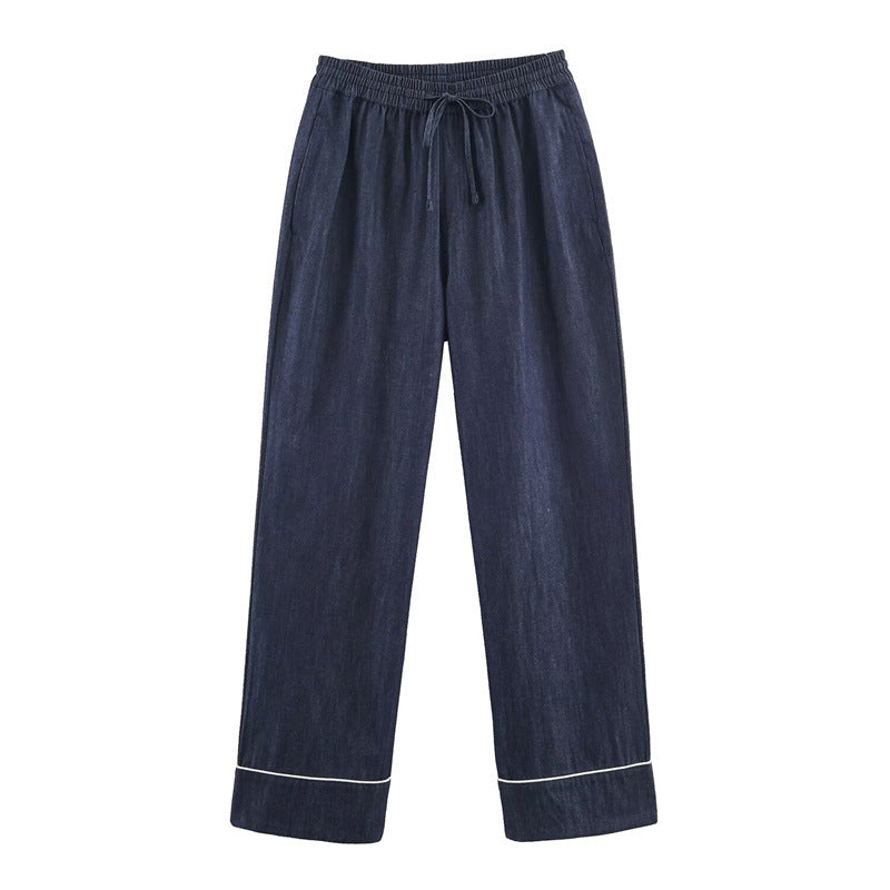 Damen Lockere weite Denim-Hose mit elastischem Bund und Kordelzug Drune
