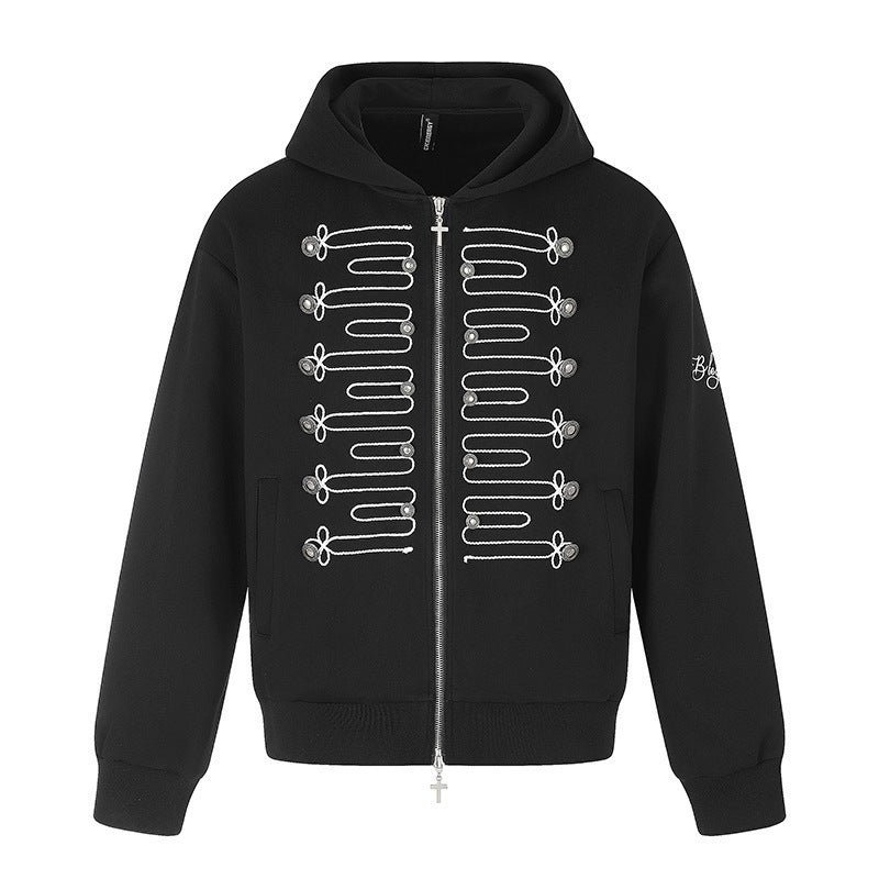 Unisex Zip-Kapuzenjacke im Military-Stil mit Zierkordeln und Metallknöpfen Drune