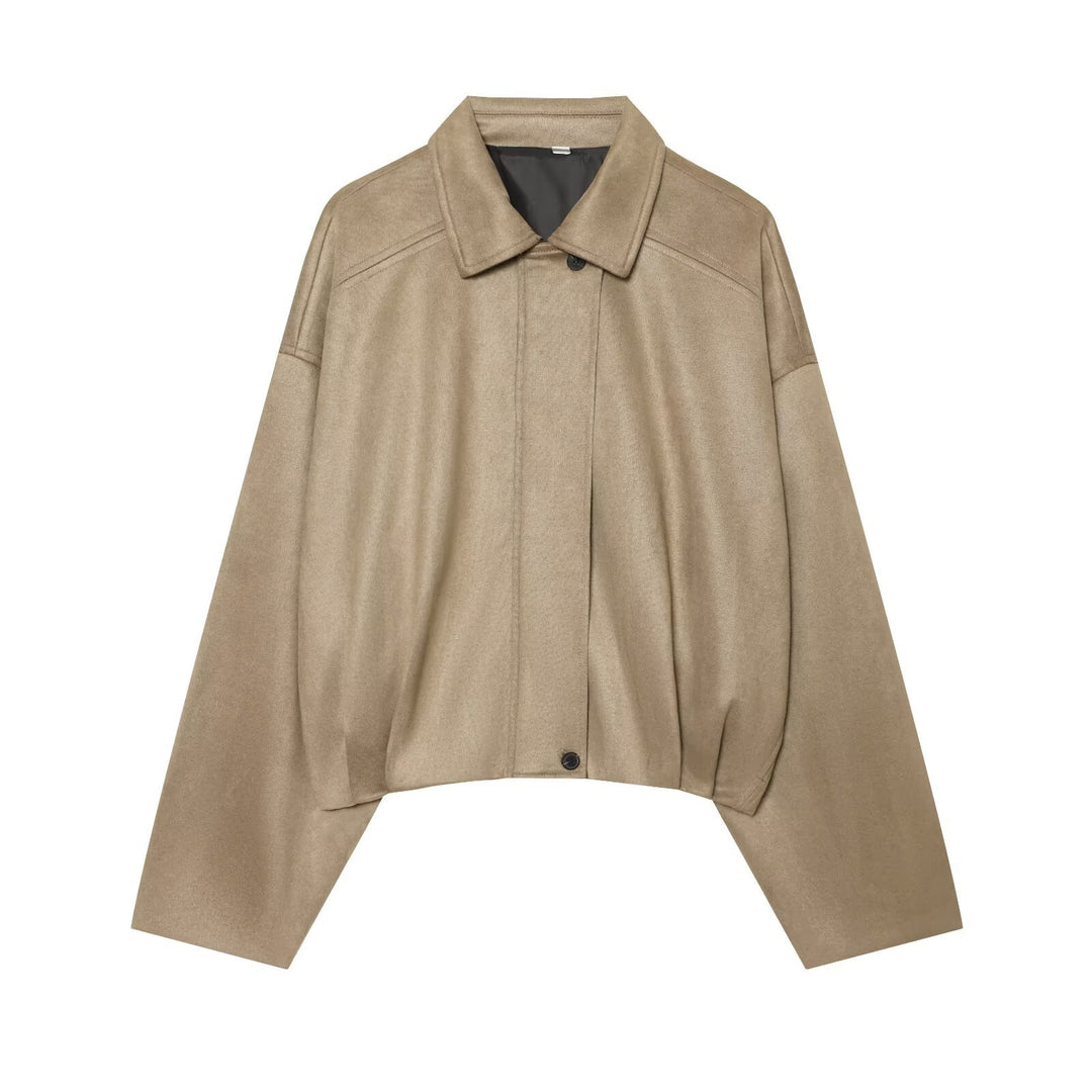 Damen Kurzgeschnittene Oversize Cape-Jacke mit Hemdkragen und verdeckter Knopfleiste Drune