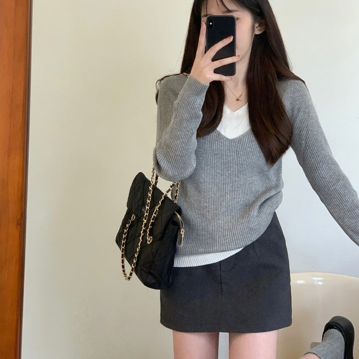 Damen Strickpullover mit V-Ausschnitt und eleganten Rippdetails Drune