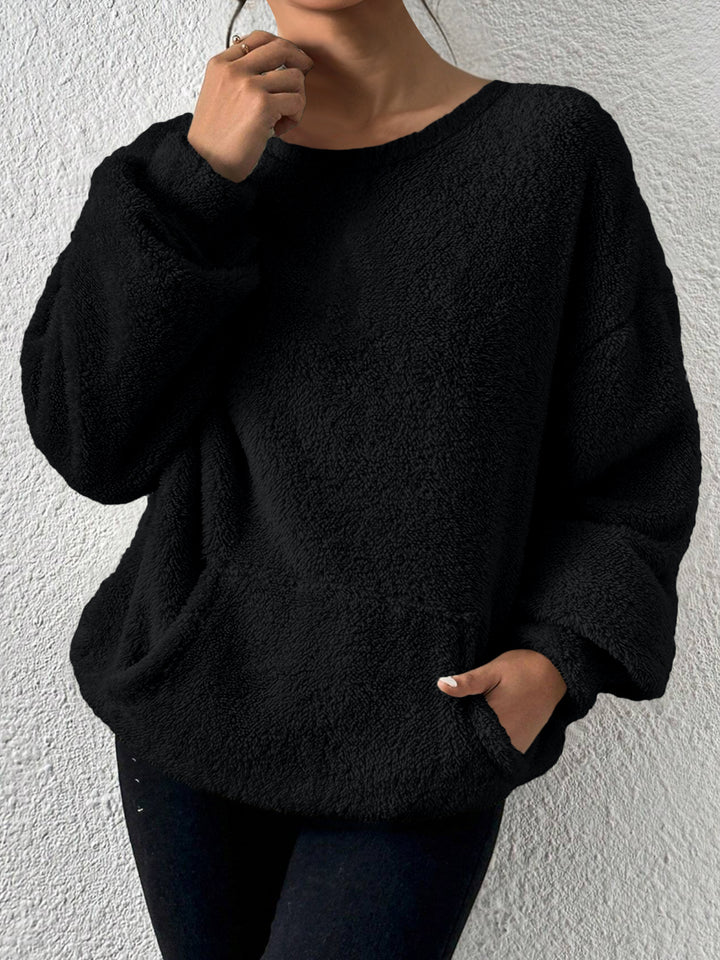 Damen Kuscheliger Teddy-Fleece-Pullover mit Kängurutasche Drune