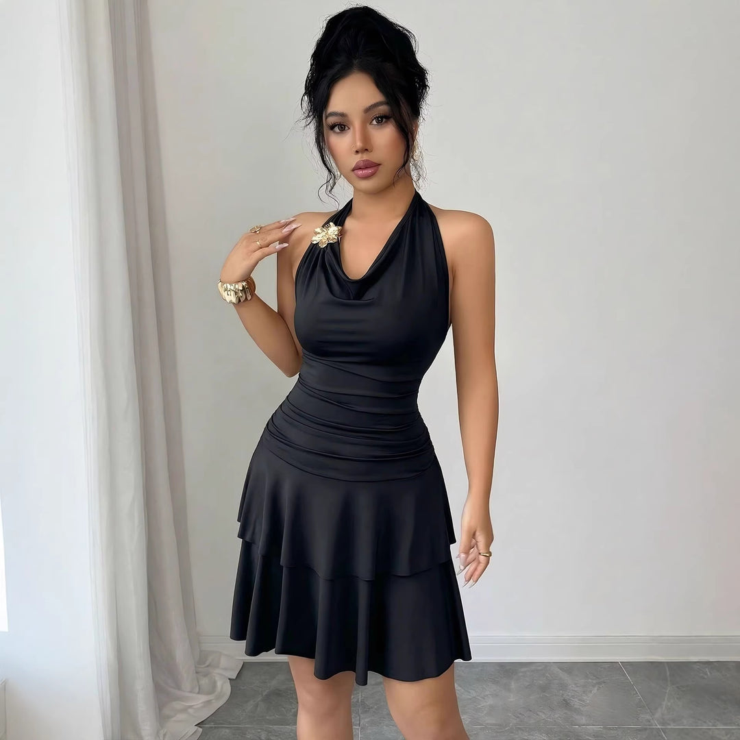 Damen nan Halter-Midikleid mit Wasserfall-Ausschnitt, taillierter Raffung und stufenweisem Volantrock Drune