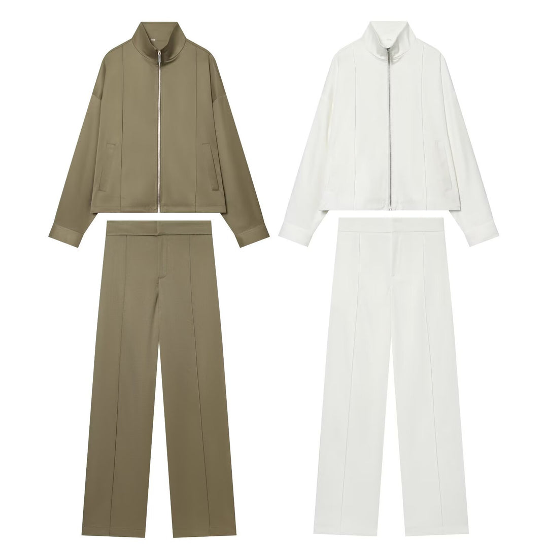 Damen Zweiteiliges Freizeit-Set mit Stehkragen-Zipperjacke und taillierter High-Waist-Hose Drune