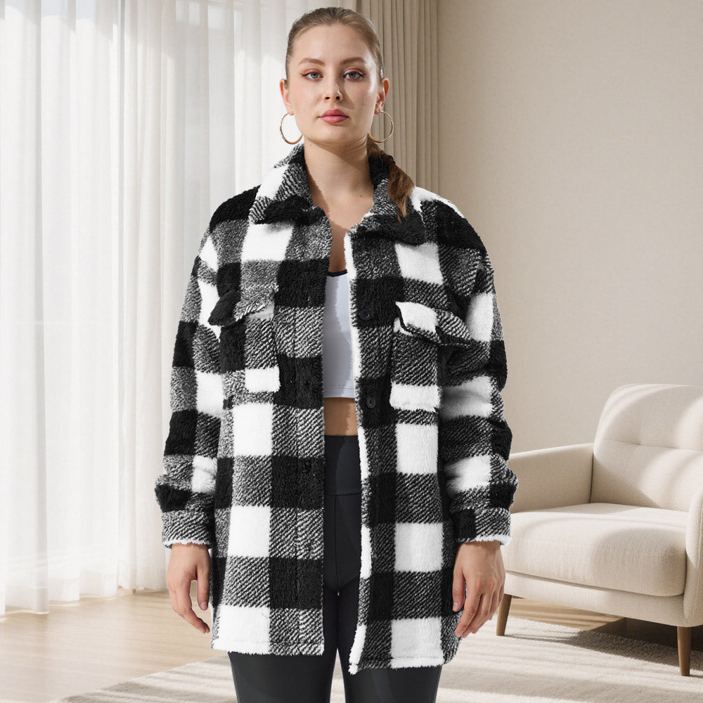 Damen Oversized Teddy-Hemdjacke mit Karomuster Drune