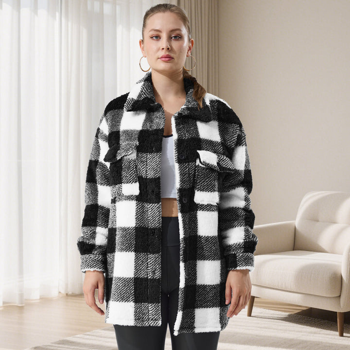 Damen Oversized Teddy-Hemdjacke mit Karomuster Drune