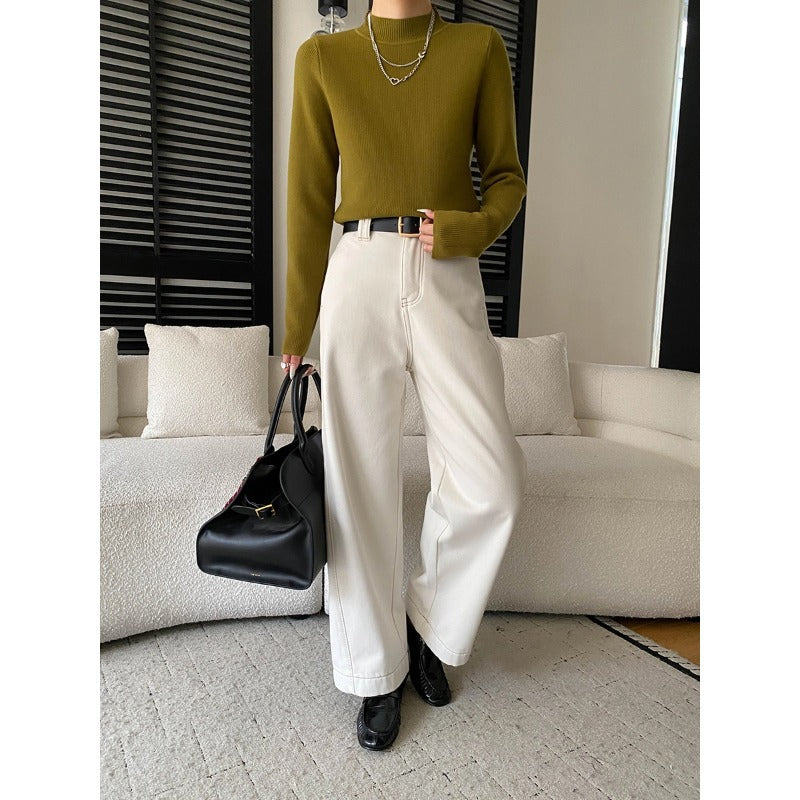 Damen figurbetontes Strickoberteil mit hohem Kragen und eleganten Rippdetails Drune