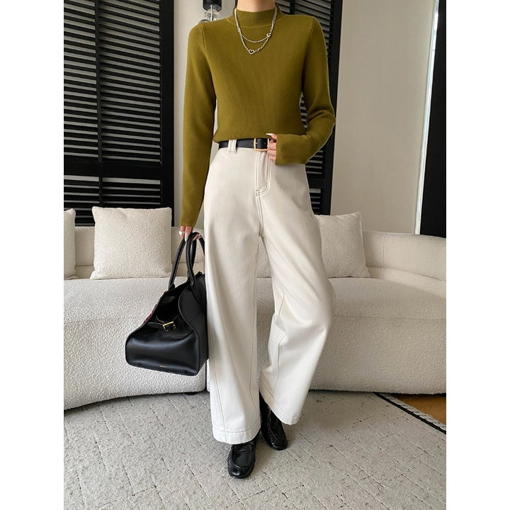Damen figurbetontes Strickoberteil mit hohem Kragen und eleganten Rippdetails Drune