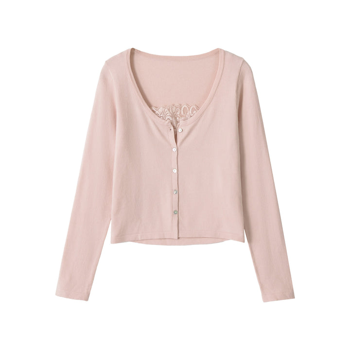 Damen Feiner Cropped-Cardigan mit Spitzen-Einsatz und Knopfleiste Drune