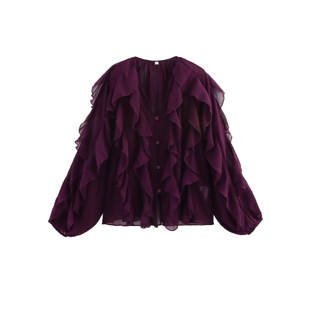 Damen nan transparente Chiffonbluse mit mehrlagigen Volants, weiten Ballonärmeln und durchgehender Knopfleiste Drune
