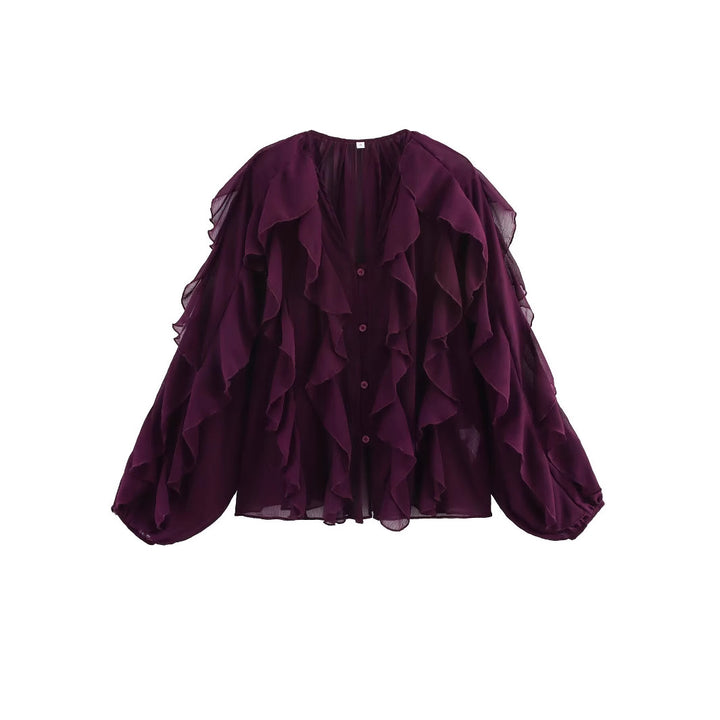 Damen nan transparente Chiffonbluse mit mehrlagigen Volants, weiten Ballonärmeln und durchgehender Knopfleiste Drune