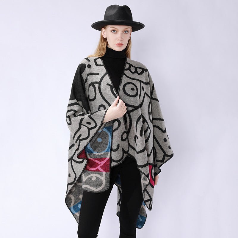 Damen Oversize-Poncho im künstlerischen Print mit zweifarbiger Kantenverarbeitung und asymmetrischem Zipfelsaum Drune