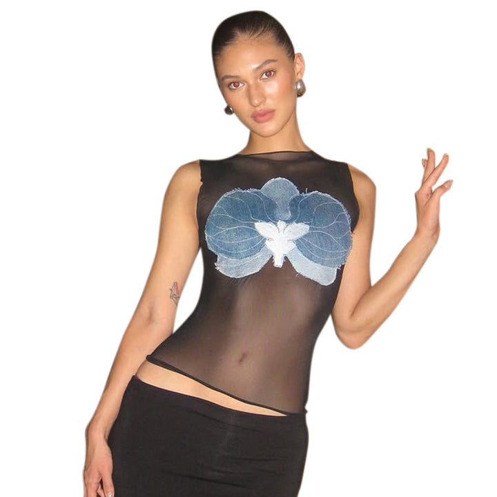 Damen Sexy Crop-Top mit transparentem Stoff und floralem Denim Design Drune
