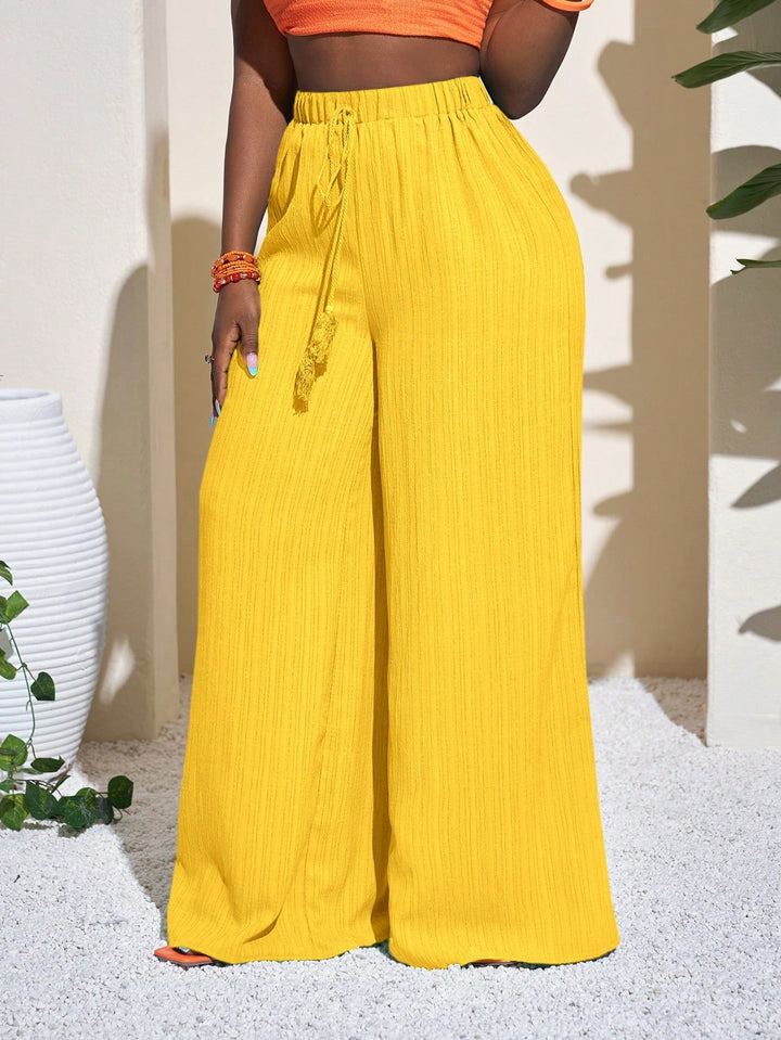 Damen Palazzo-Hose mit hohem Bund, elastischem Kordelzug und weitem Bein Drune