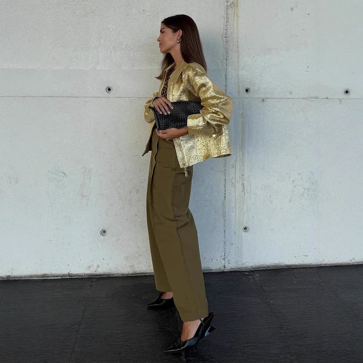 Damen Kurze strukturierte Metallic-Bomberjacke mit Boxy‑Silhouette Drune