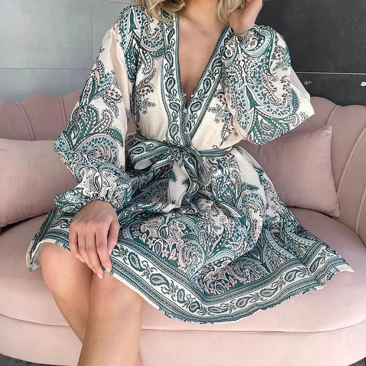 Damen Smaragdgrünes Paisley-Muster Wickelkleid mit langen Ärmeln und Taillengürtel Drune