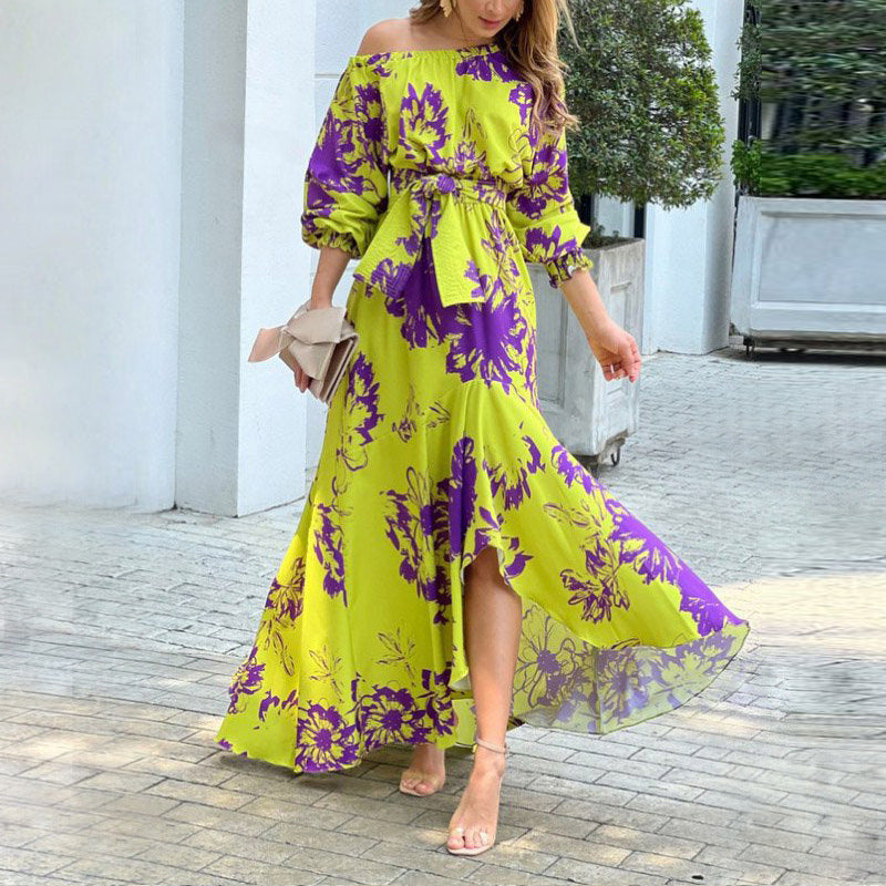 Damen Elegantes Maxikleid mit off-shoulder Design und Rüschendetails Drune