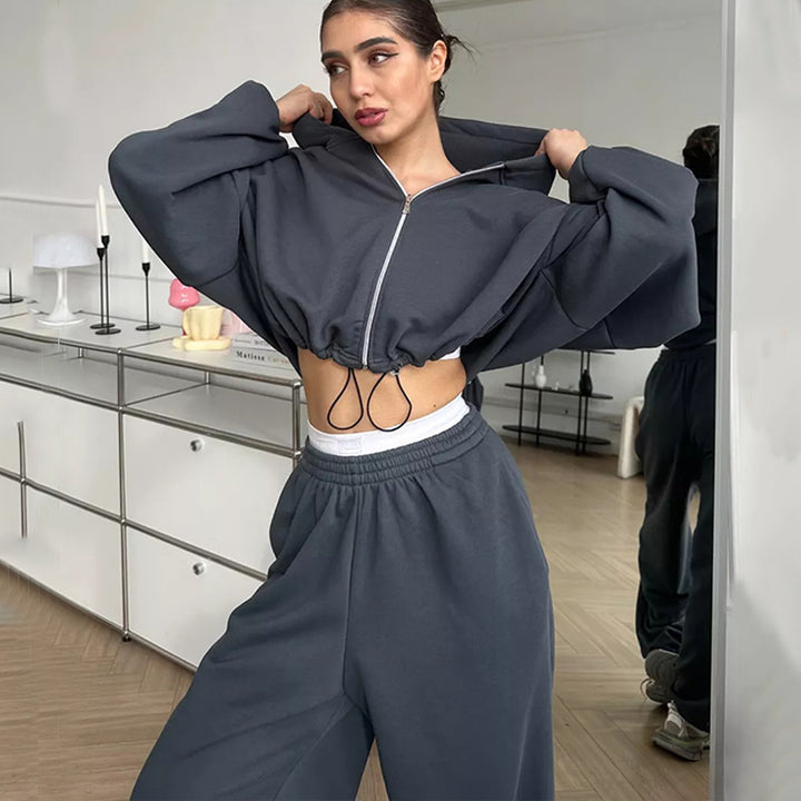 Damen kurzes Kapuzenzipper-Lounge-Set mit oversized Ärmeln und weitem Jogginghose-Schnitt Drune