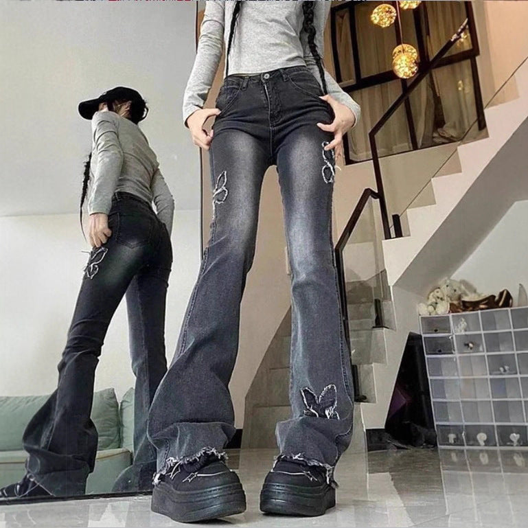 Damen Hochtaillierte Flared-Jeans mit Schmetterlingsstickerei, rohem Saum und sculptendem Stretchbund Drune