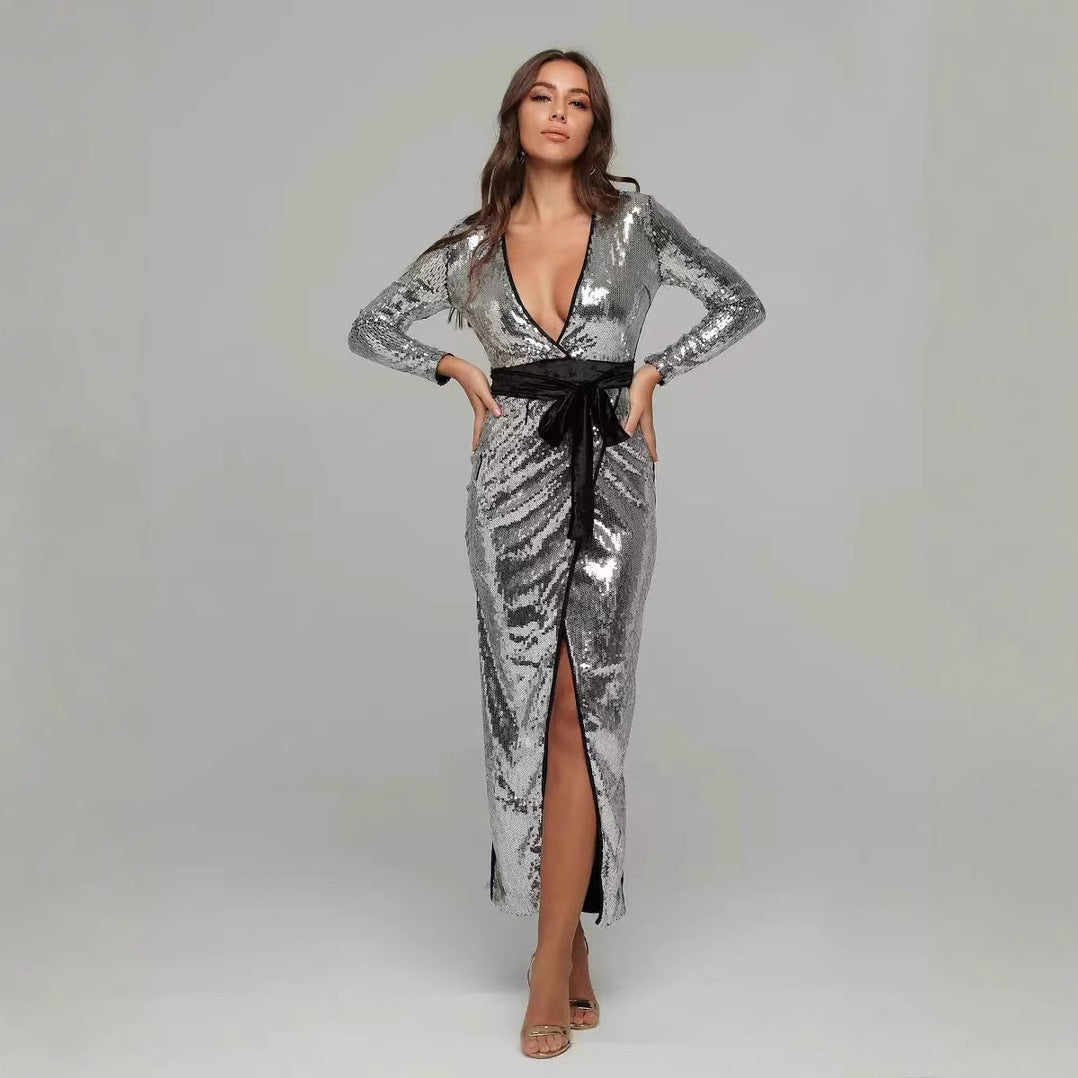 Damen Glamouröses Abendkleid mit tiefem V-Ausschnitt und seitlichem Schlitz Drune