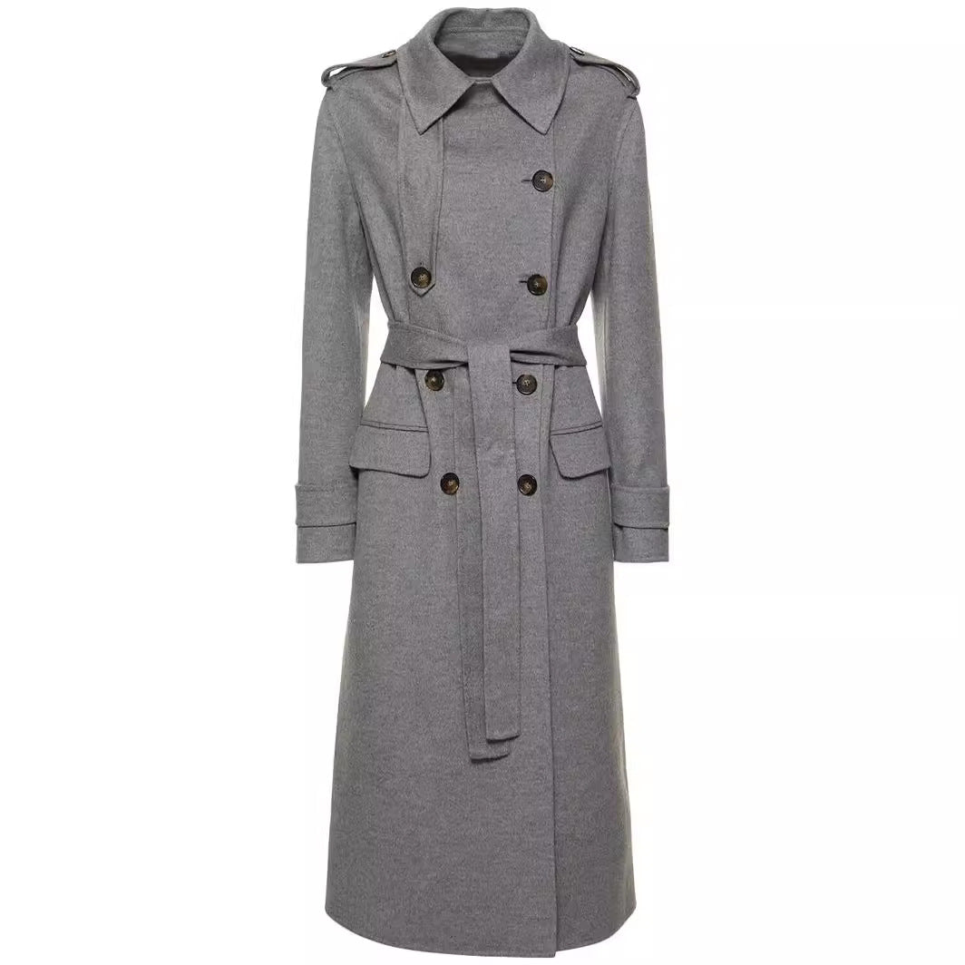 Damen Midilanger Taillierter Doppelreiher‑Trenchcoat aus Wollmix mit ausgestelltem Saum Drune