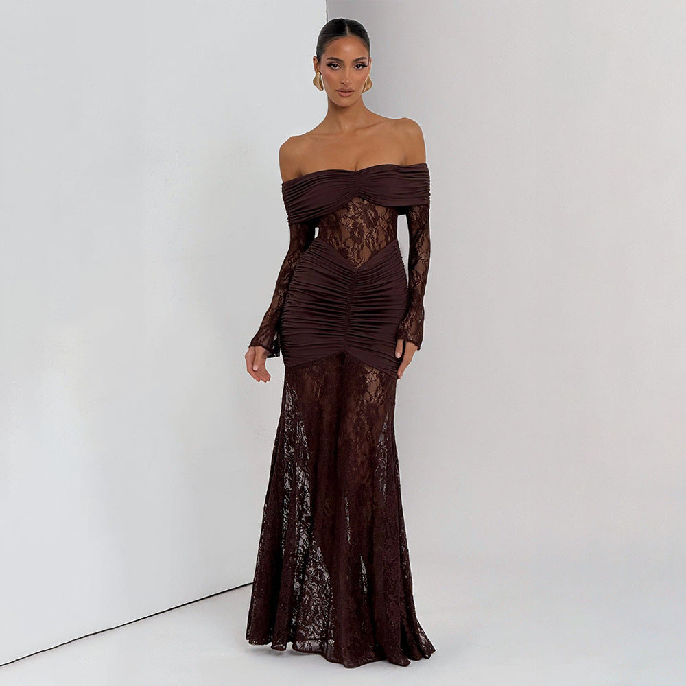 Damen elegantes Spitzenkleid mit Off-Shoulder-Ausschnitt und Raffungen Drune