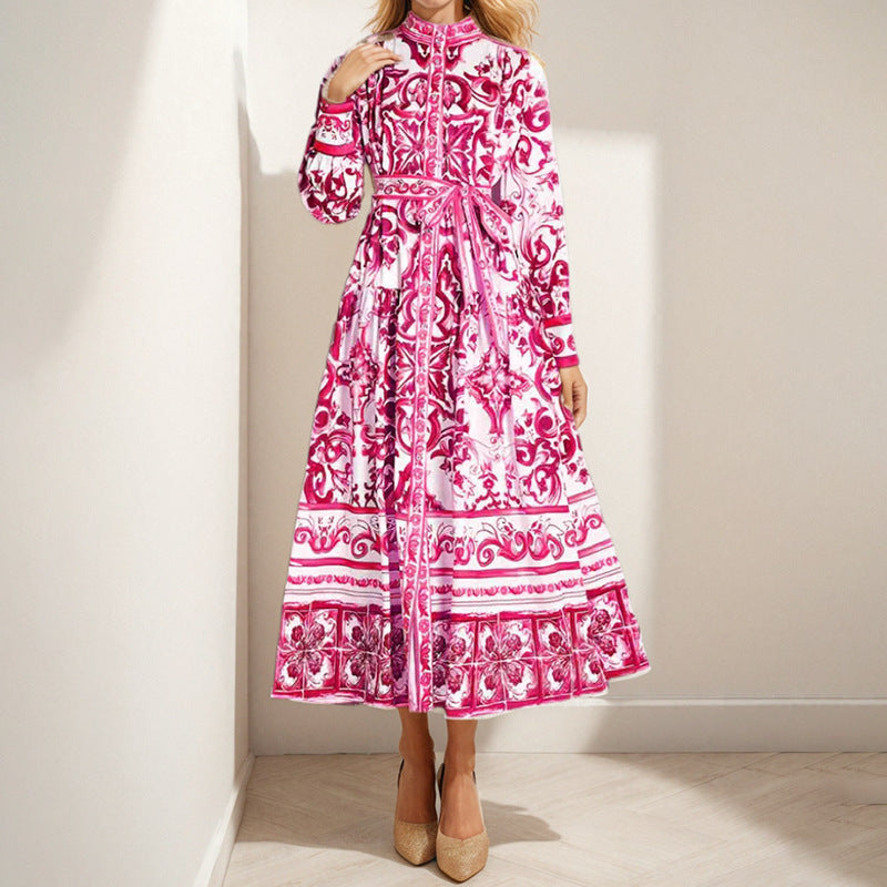 Damen Elegantes Maxikleid mit zartem floralem Muster und praktischem Gürtel Drune