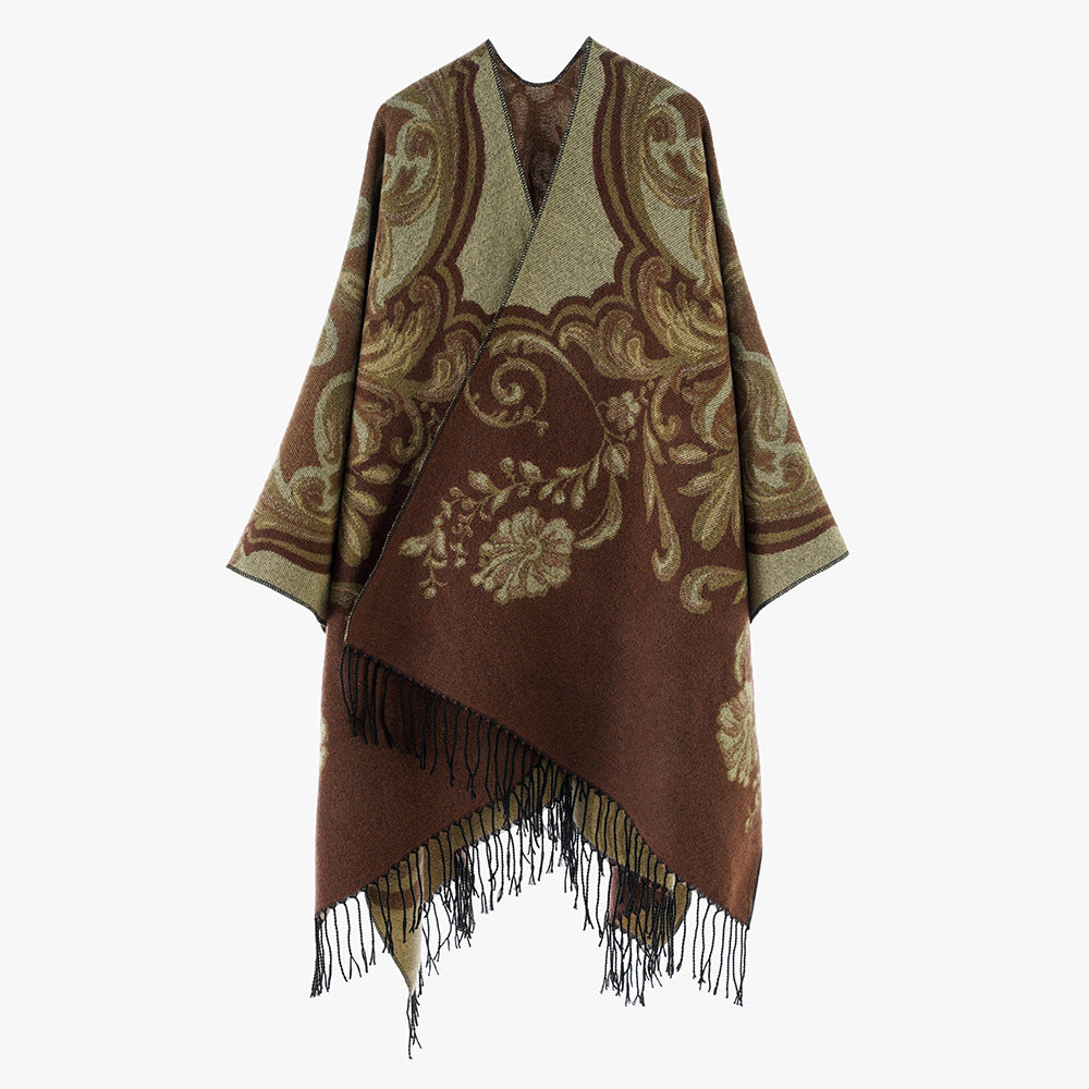 Damen Jacquard‑Poncho‑Überwurf im Barockmuster mit Fransen Drune