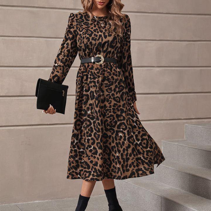 Damen elegantes Maxikleid mit modernem Leopardenmuster und nostalgischen Puffärmeln Drune