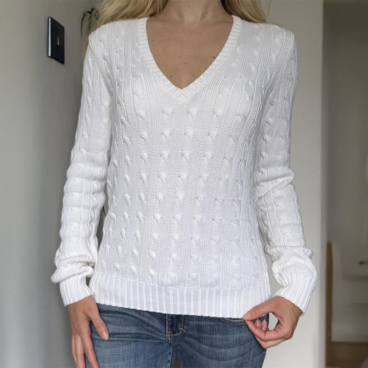 Damen nan Premium-Baumwollmix Zopfstrickpullover mit tiefem V-Ausschnitt und taillierter Silhouette Drune