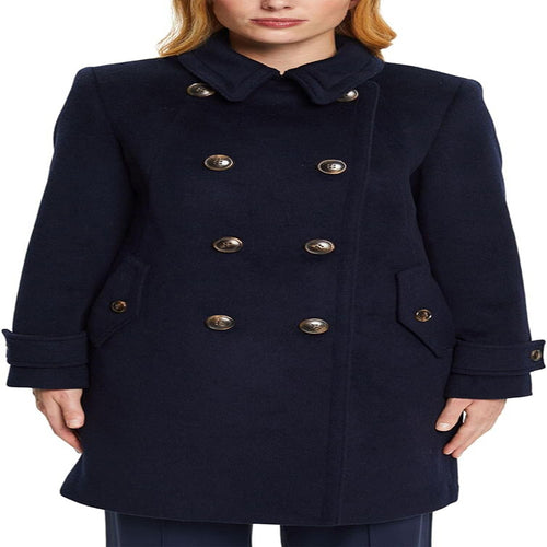 Damen Midilanger Doppelreihiger Marineinspirierter Wollmix-Peacoat mit Pattentaschen Drune