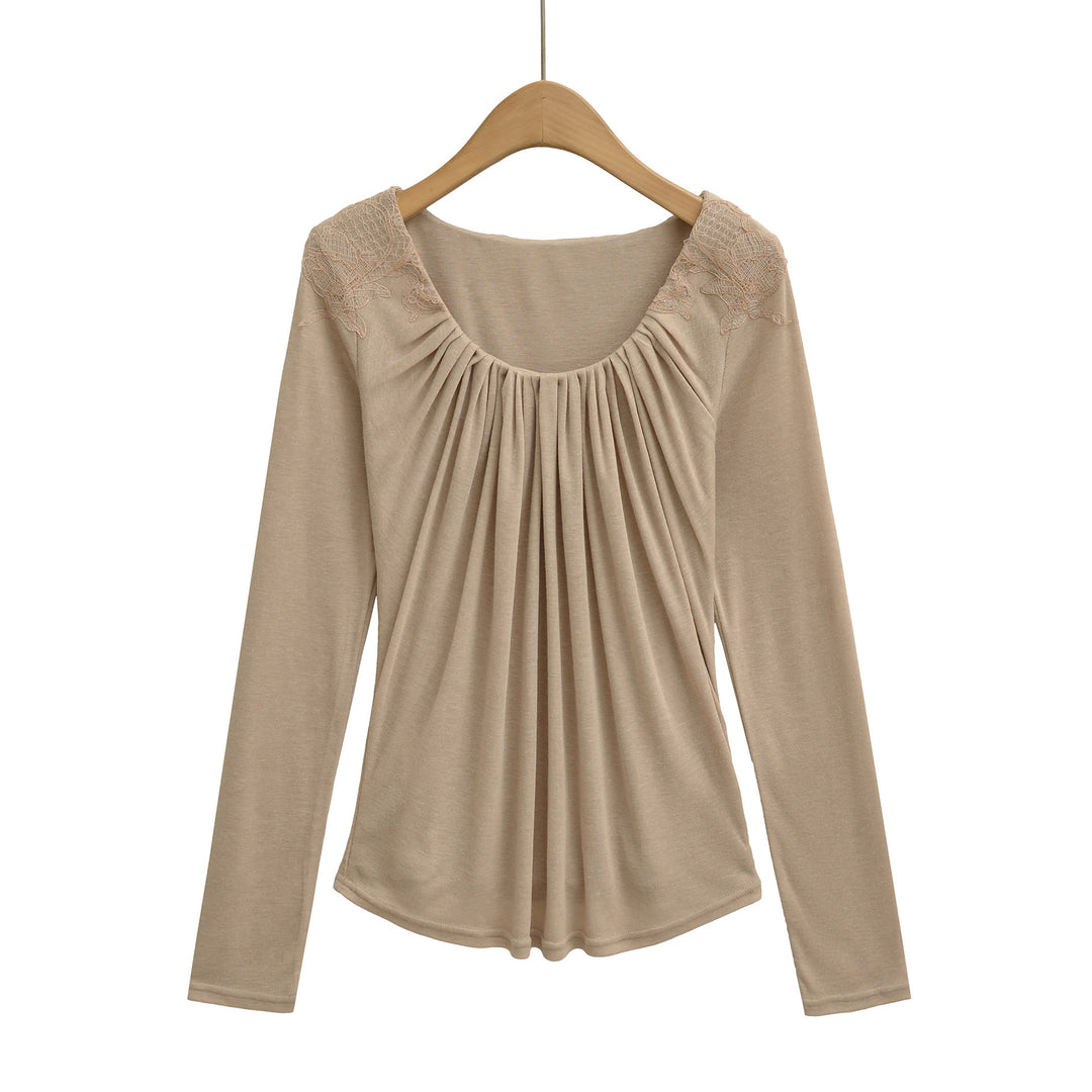 Damen Jersey-Top mit weitem Rundhalsausschnitt, Faltenfront und Spitzenbesatz Drune