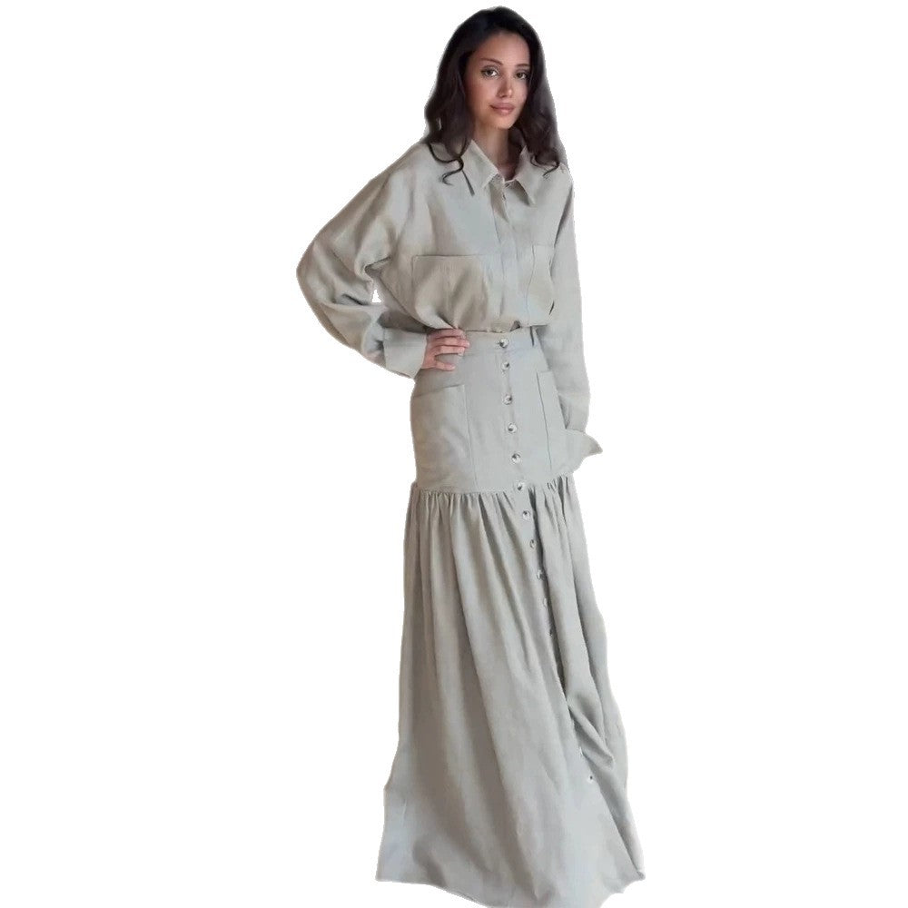 Damen Zweiteiliges Oversize-Hemd und Maxirock-Set mit hoher Taille & durchgehender Knopfleiste Drune