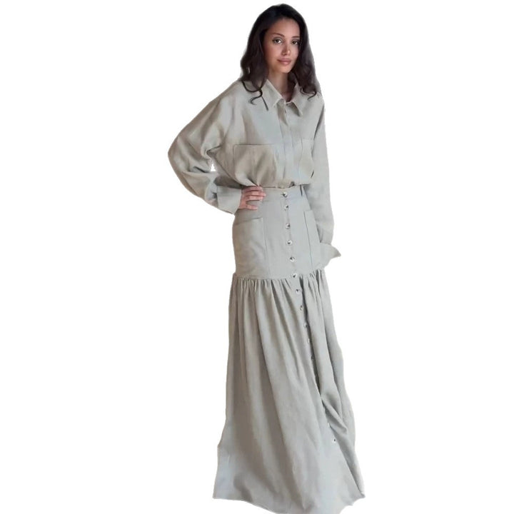 Damen Zweiteiliges Oversize-Hemd und Maxirock-Set mit hoher Taille & durchgehender Knopfleiste Drune