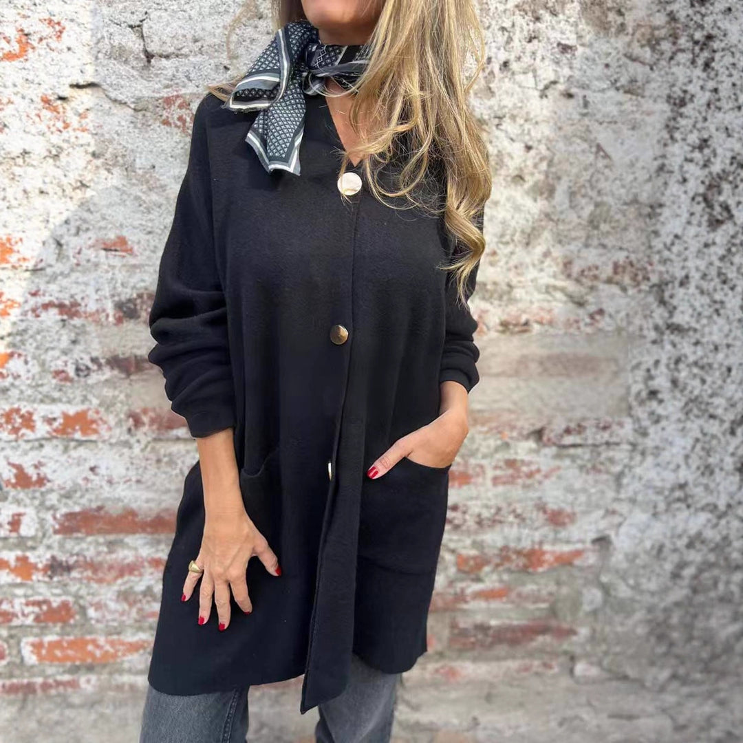 Damen Oversize Strickmantel-Cardigan mit aufgesetzten Taschen und Zierknöpfen Drune