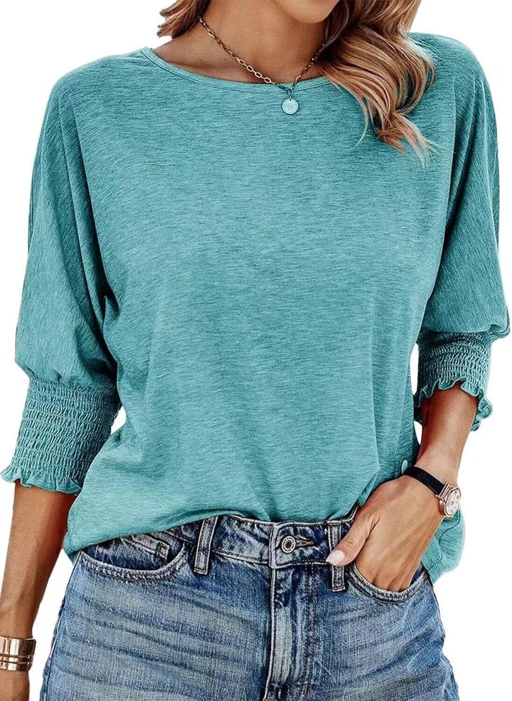 Damen lässiges T-Shirt mit voluminösen Puffärmeln und elastischem Bund Drune