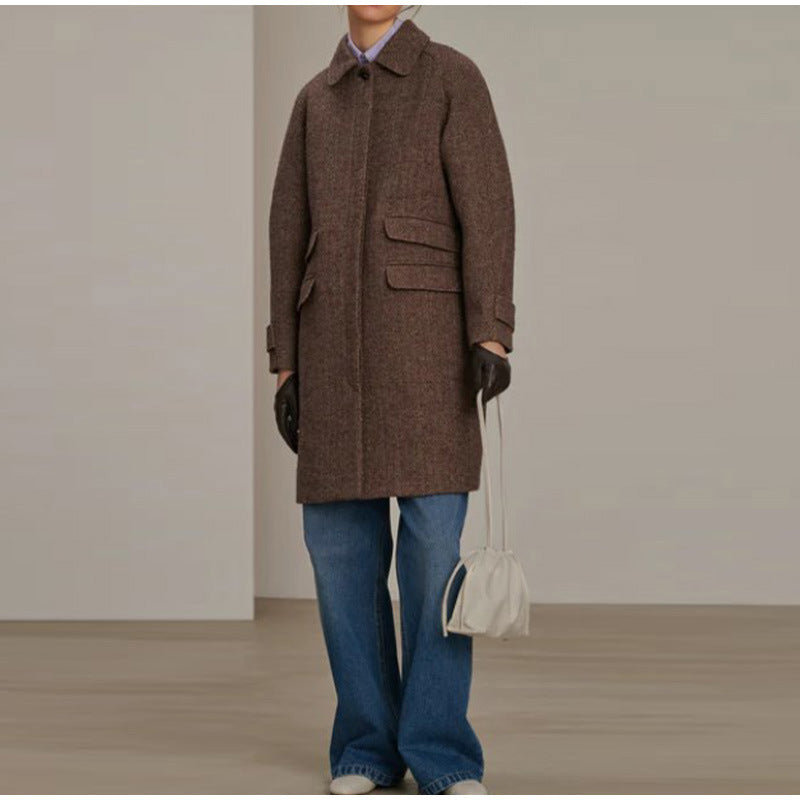 Damen eleganter Wollmantel mit Taschen und kontrastierenden Knöpfen Drune