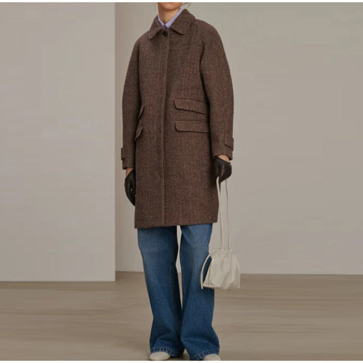 Damen eleganter Wollmantel mit Taschen und kontrastierenden Knöpfen Drune