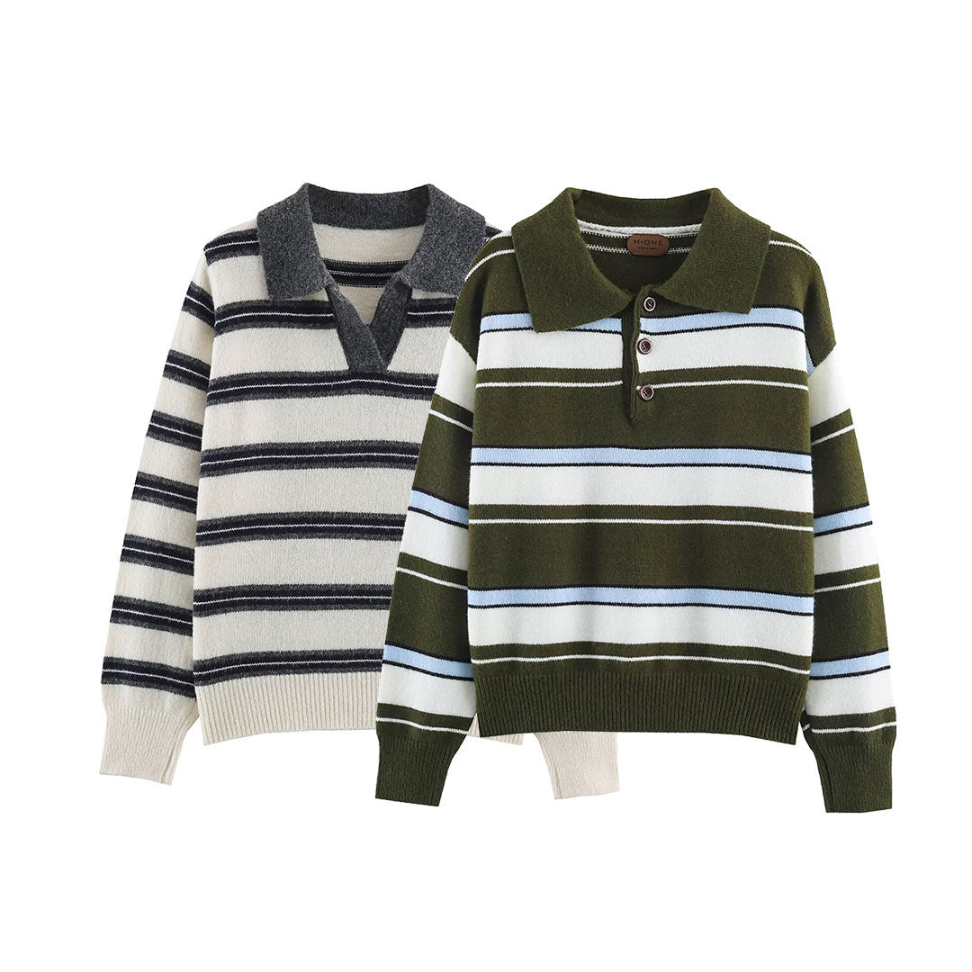 Damen Gestreifter Polokragen-Pullover mit Knopfleiste und Rippbündchen Drune