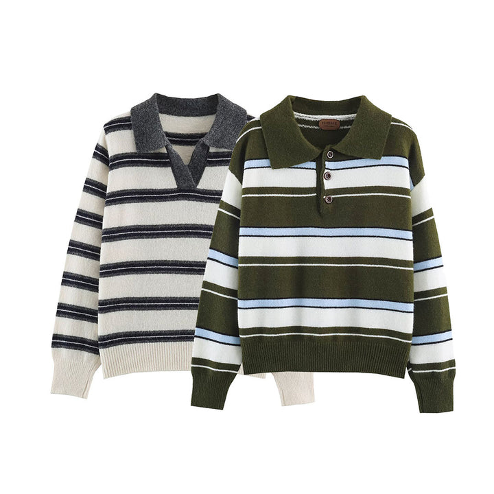 Damen Gestreifter Polokragen-Pullover mit Knopfleiste und Rippbündchen Drune